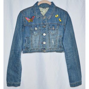 Dollhouse Cropped Embroidered Butterflies Distressed Denim Jacket Size S